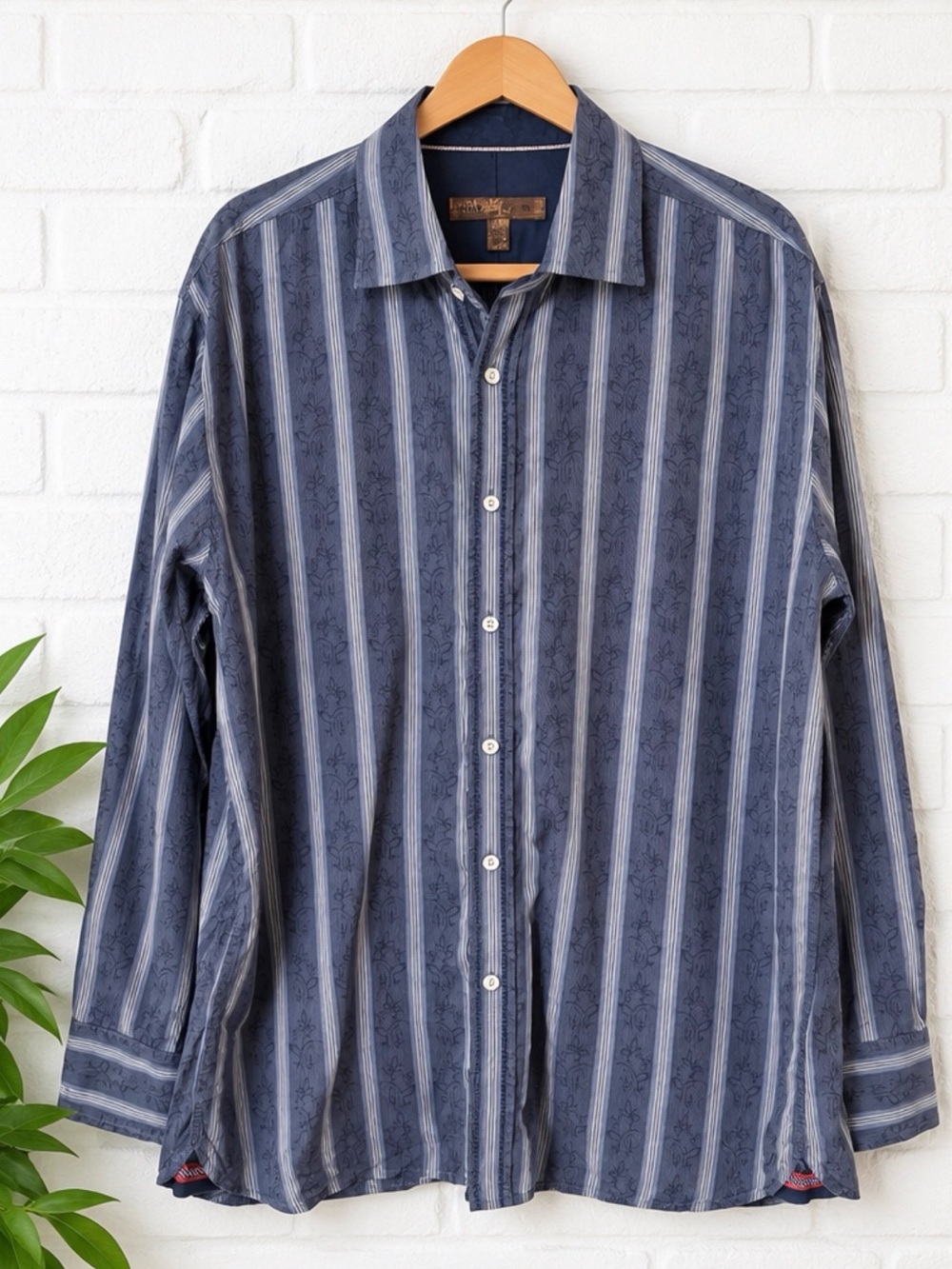 Pronto Uomo Men’s XL Blue Stripe Floral Jacquard 100% Cotton Shirt
